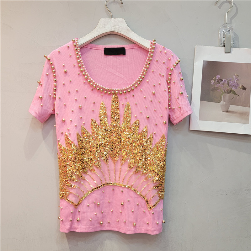 Súper industria pesada con cuentas de punto camiseta para mujeres 2024 primavera y verano nuevo slim fit media manga corta que adelgaza camiseta superior