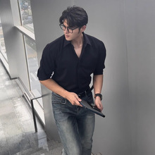 黑色男士短袖衬衫潮高级感英伦雅痞男装夏季穿搭七分中袖衬衣修身