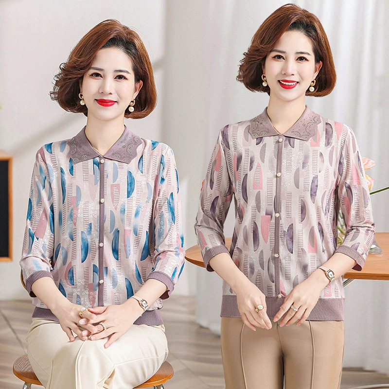 Весенняя модная вязаная кофта с лацканами для мамы 2025, новая футболка с длинным рукавом для женщин среднего и пожилого возраста, тонкая и стильная свободная.