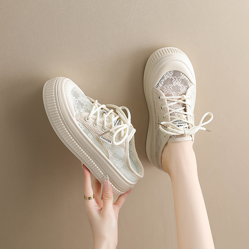 Perezoso con cabeza media zapatillas para mujeres 2026 verano nuevo mallas transpirables zapatos blancos coreanos versátiles zapatillas frías de un pie