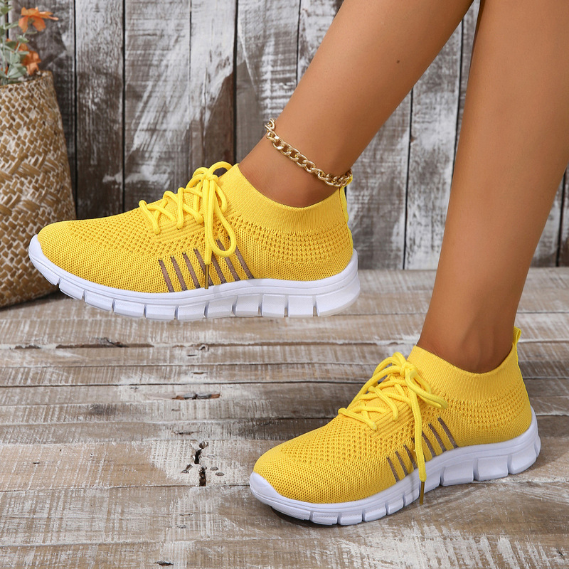 Foreign Trade Spring and Summer Women's Fly Woven Shoes Women's Breathable Sports Shoes Deep Lace-Up Platform Sole Women's Running Mesh Shoes