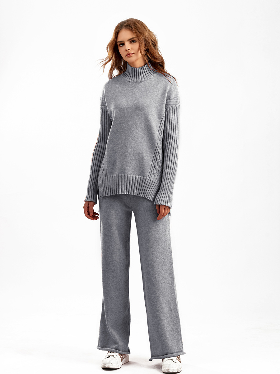 Station de vêtements pour femmes 2023 automne et hiver nouveau costume de chandail de style de mode drapé tricoté pantalon à jambes larges costume deux pièces mode féminine_voghion.com
