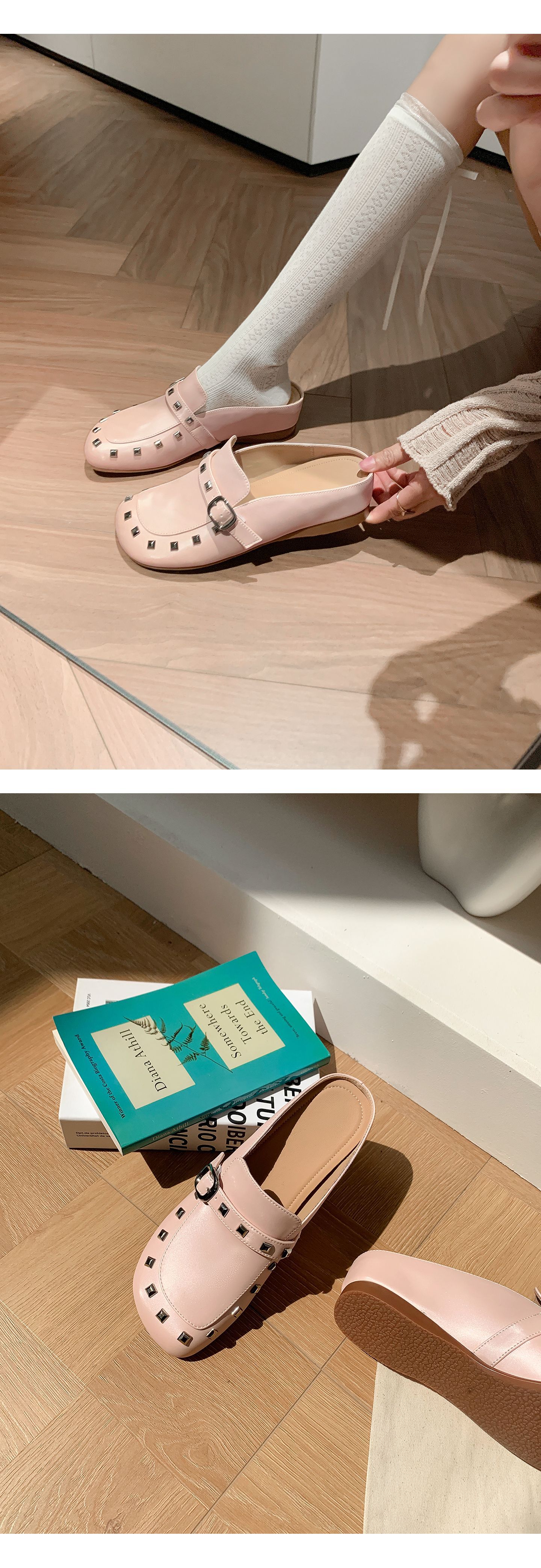 Mule nữ bít mũi đế tăng 4cm đinh tán – giày hè một bước xỏ — màu đen, màu hồng chi tiết 18
