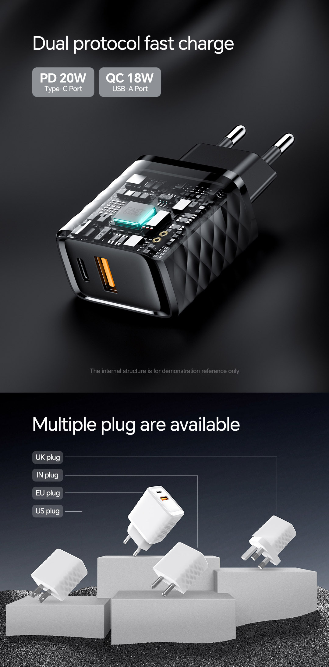 20W Dual Port USB-C Fast Charger – PD/QC 3.0 Compatible With IPhone & Android Phones_voghion.com