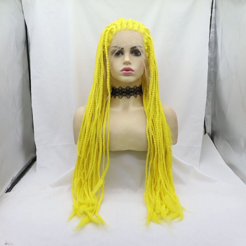 Hand-Hook Hairline Yellow Three-Pore Braid Wig Women's Hip-Hop Rock Dirty Braid Front Lace High Temperature Silk Braid Headgear
