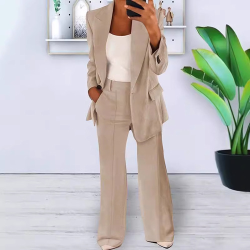 Spring and Autumn New Arrival European and American Style Fashion Solid Color Slim-Fit Cardigan Elegant Suit Jacket Women's Suit Set