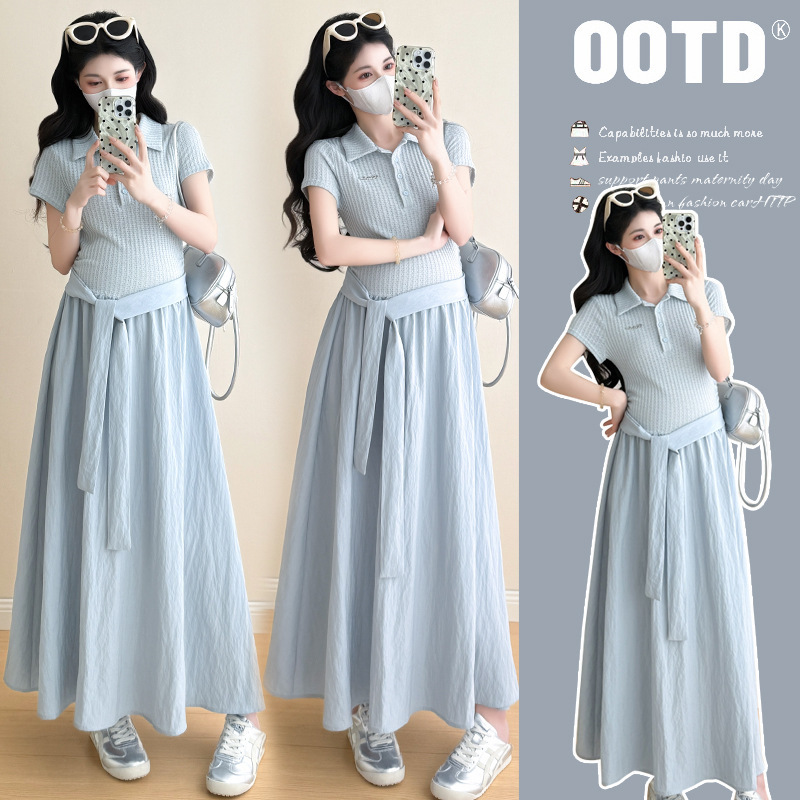 2026 Summer New Design Stylish Spliced Mid-Length Maternity Dress Maternity Long Skirt