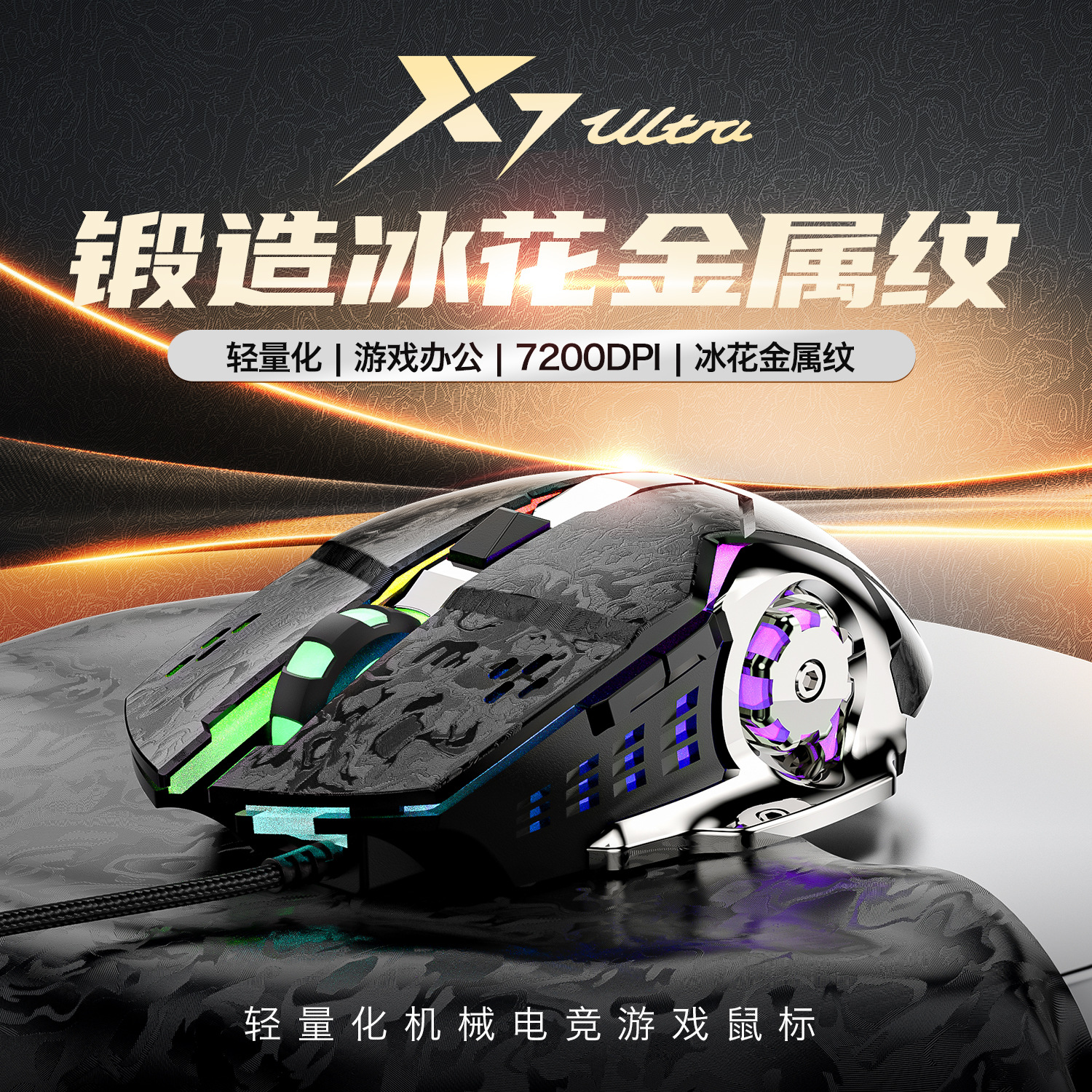 X7Ultra Forged Ice Flower Metal Pattern Gaming Mouse 7200Dpi Wired Rgb Luminous Mechanical Gaming Mouse