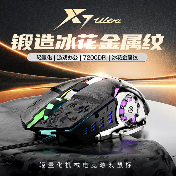 X7Ultra Forged Ice Flower Metal Pattern Gaming Mouse 7200Dpi Wired Rgb Luminous Mechanical Gaming Mouse