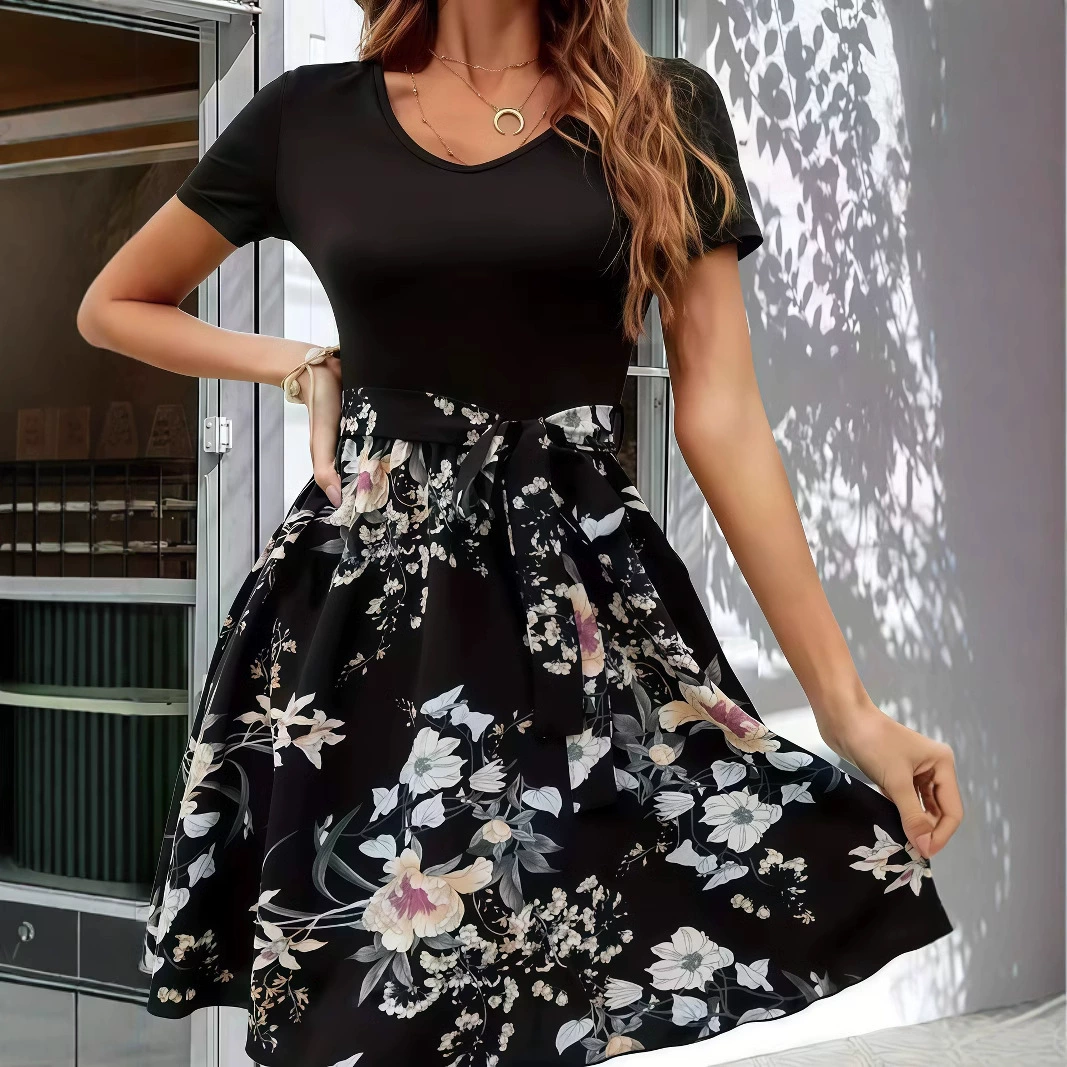 2025 Amazon AliExpress Heyin в Европе и Америке популярная летняя мода с принтом эластичных растений цветочное платье