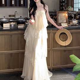 从一时小众设计感蕾丝拼接吊带裙多层压褶蛋糕长裙温柔仙女裙