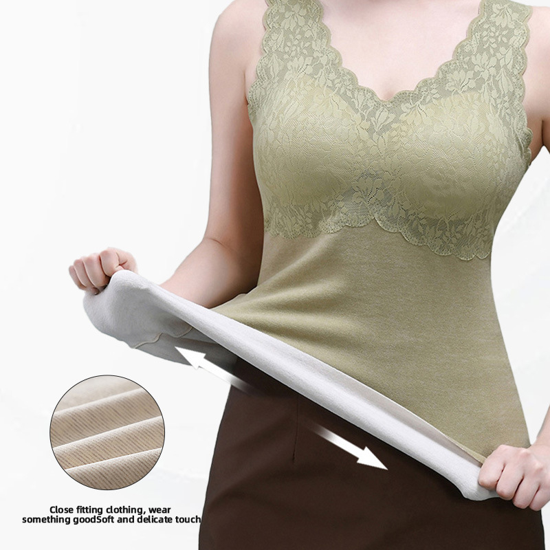 (2개) DERONG 고정 컵 가슴 패드 열 속옷 가을, 겨울 바닥 원활한 레이스 슬림 열 조끼 플러스 사이즈