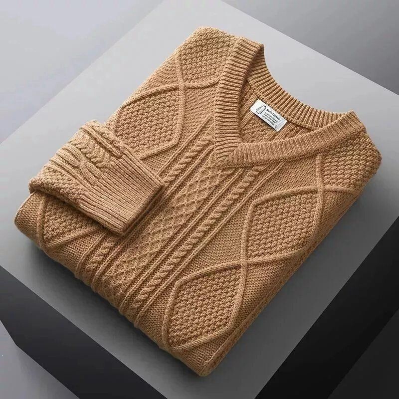 Winter Warm Ultra-Thick Men's Sweater, Thickened Cable-Knit V-Neck Large Size Coarse Knit Sweater