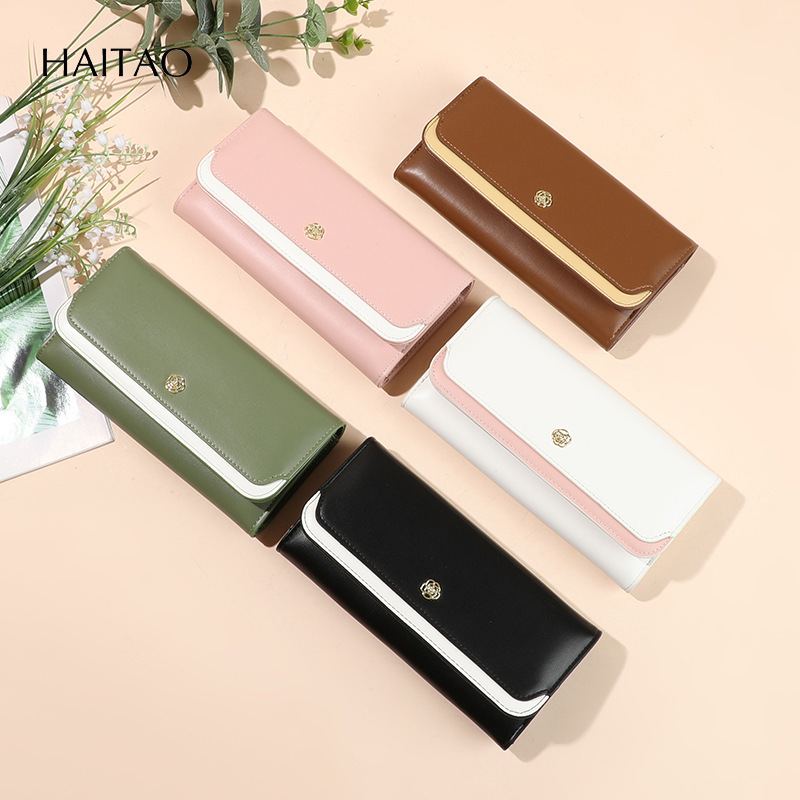 Cartera de moda de mujer de tamaño medio y largo de tres plegados multi-tarjeta empalmado mano de cuero plegable teléfono móvil agarrar bolsa de cremallera