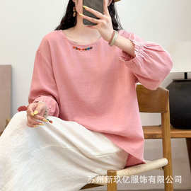 20225秋季圆领套头双层薄款棉纱小衫纯色长袖文艺一粒盘扣女衬衫