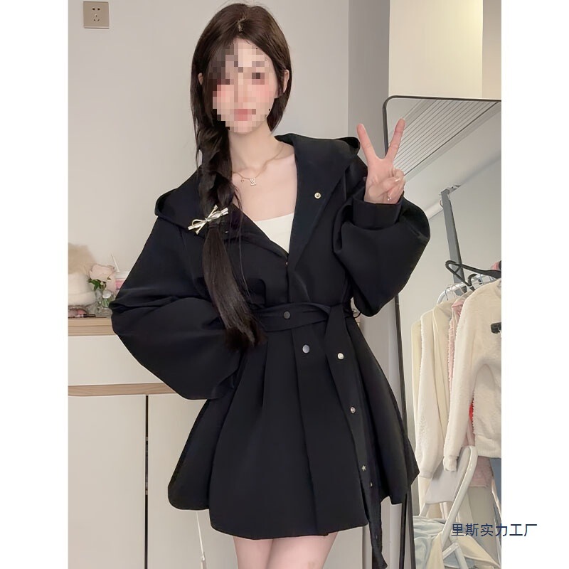 Short Trench Coat for Women 2026 Spring Slimming Look Light-Sleeve Jacket for Petite Women Black