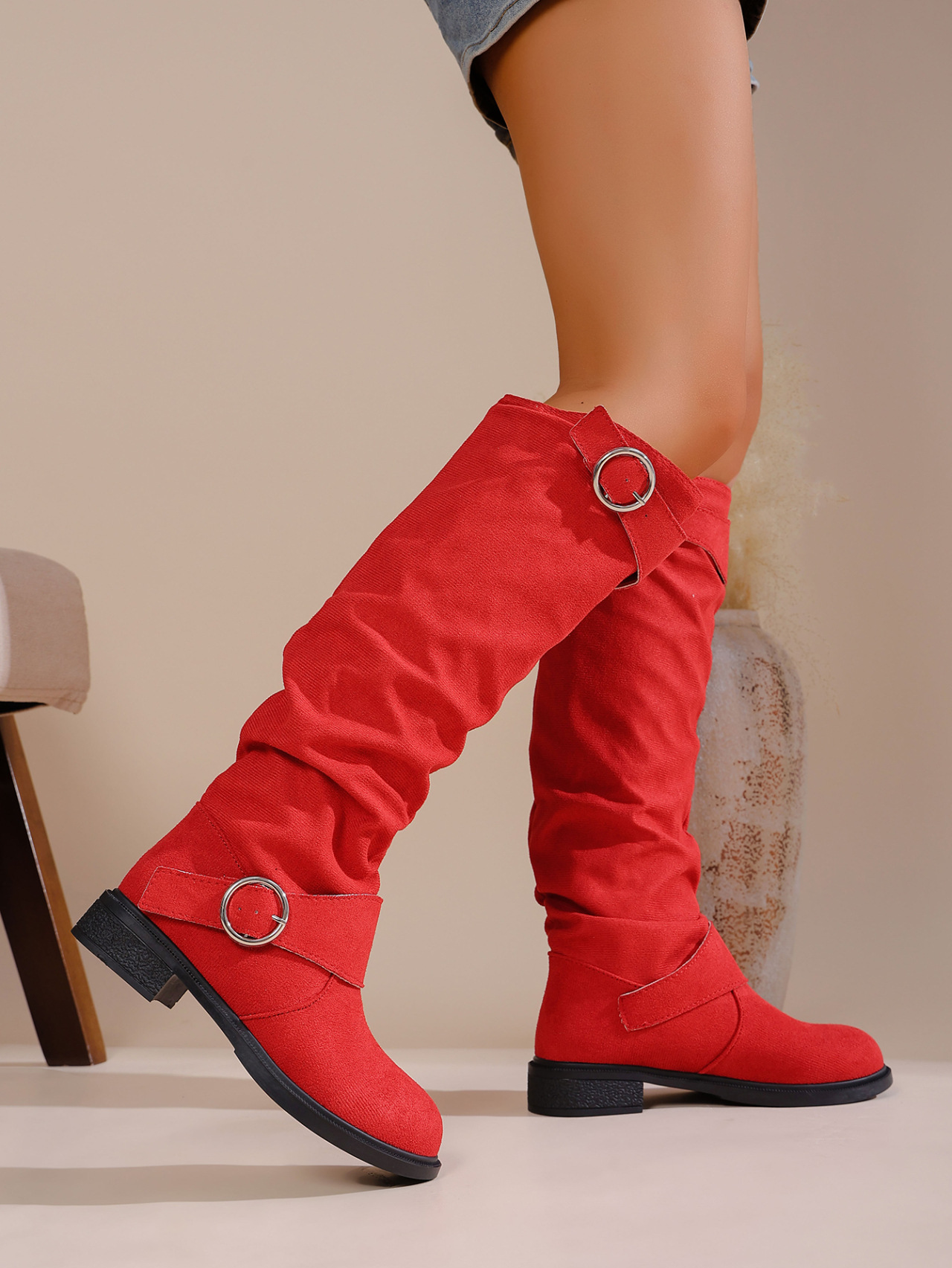 Women's High Top Pleated Belt Buckle Boots Suede Slip on Retro Riding plus Size Winter New Style_vogvips.com