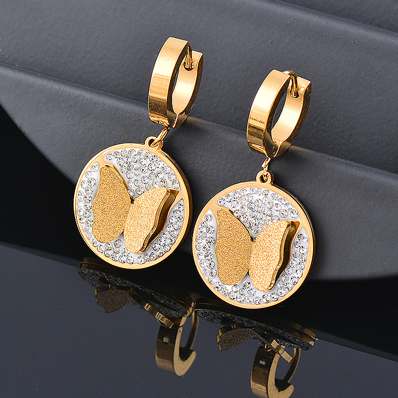 Fashion Butterfly Titanium Steel Inlay Rhinestones Drop Earrings 1 Pair