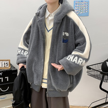 美式hiphop羊羔绒外套男潮牌宽松连帽冬季加厚棉服vintage情侣装