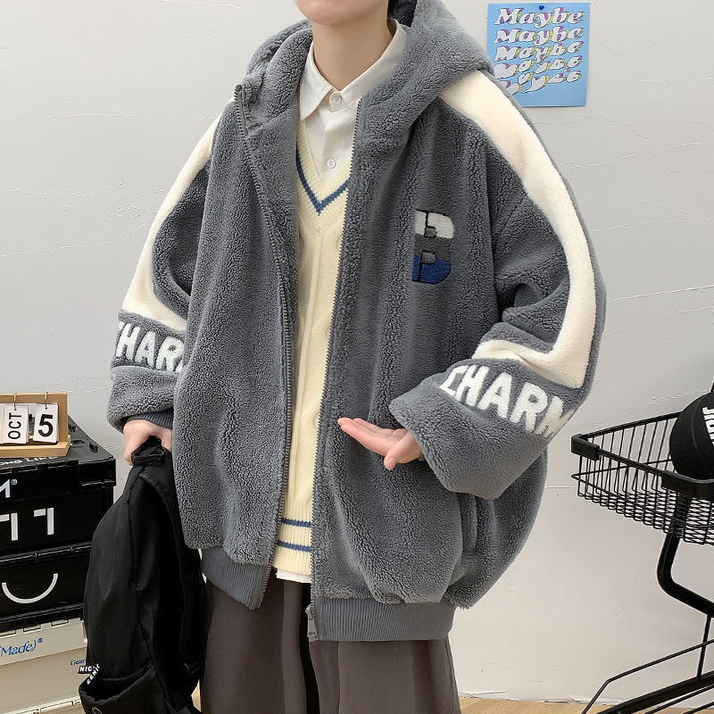 美式hiphop羊羔绒外套男潮牌宽松连帽冬季加厚棉服vintage情侣装