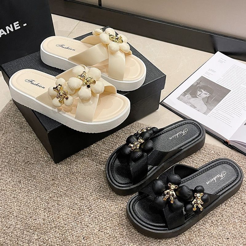 Women's Platform Slippers for Outgoing Wear All-Match Fashionable Elegant Fairy Style Cross Beach Slippers for Summer 2023
