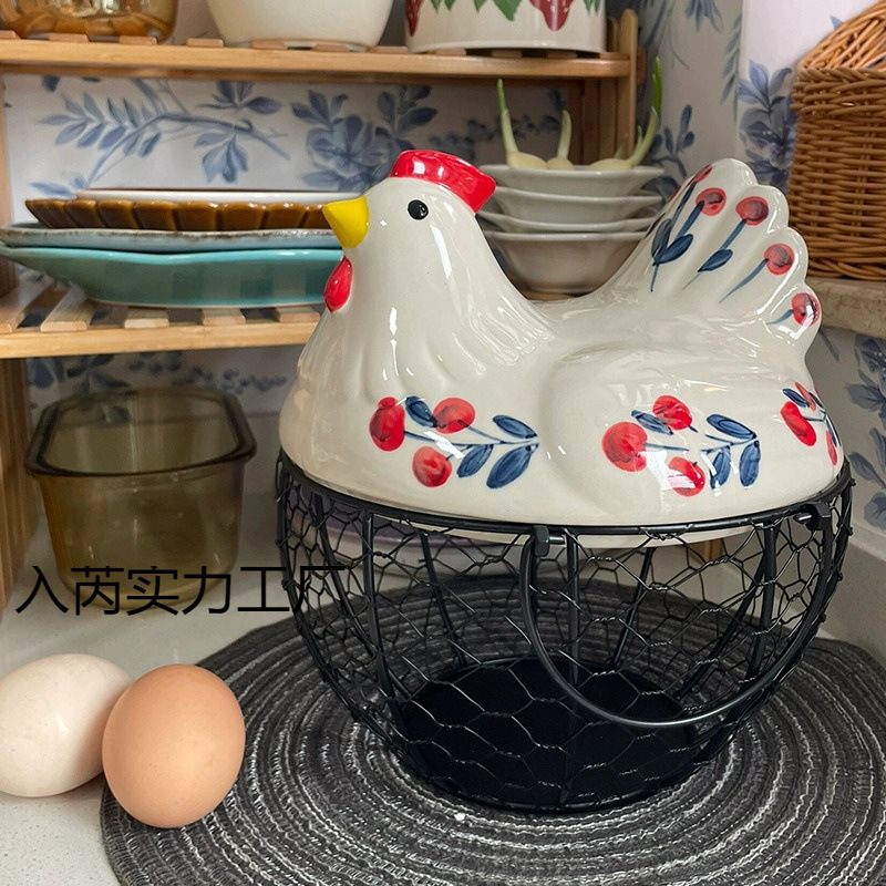 卵収納バスケット セラミック製 キッチン用 ニンニク 生姜 雑貨収納整理 鶏バスケット 多機能 鉄製 ブルー|undefined
