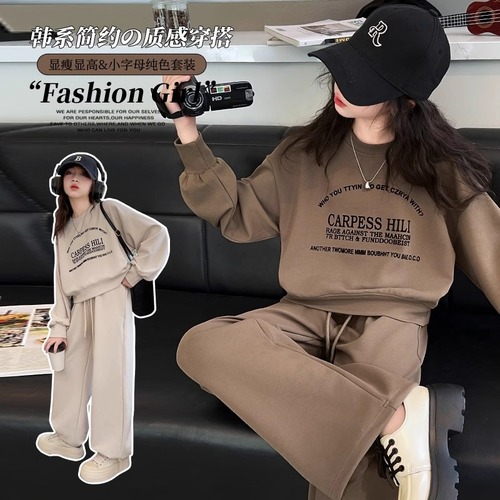 Women's Han Style Casual Set, Big Kids Spring and Autumn New Trendy Letter Hoodie and Stylish Straight Leg Pants Two-Piece Set