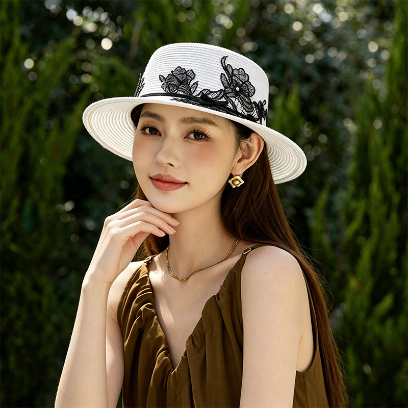 Mũ rộng vành chống nắng nữ ren hoa thanh lịch, phong cách Nhật Bản, điều chỉnh 56-58cm — màu trắng