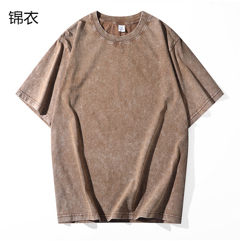Hong Kong Style Retro Wax-Dyed Washed Vintage T-Shirt Men's Short-Sleeve Solid Color Couple Fashion Drop-Shoulder Top
