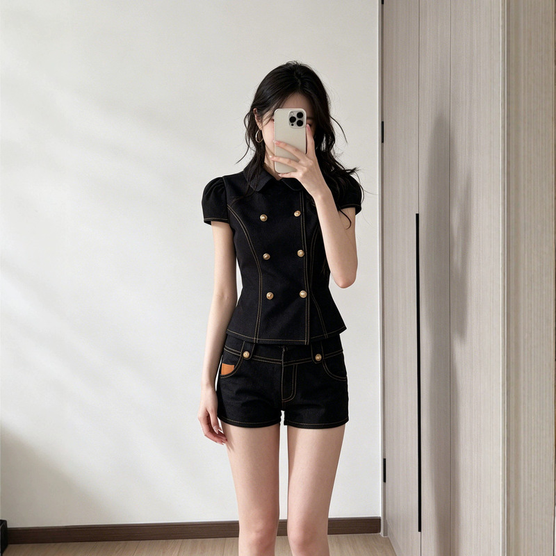 French-Style Sweet and Youthful Two-Piece Set for Petite Figures: Doll Collar Double-Breasted Short Top and High-Waisted Hip-Hugging Shorts French-Style Sweet and Youthful Two-Piece Set for Petite Figures: Doll Collar Double-Breasted Short Top and High-Waisted Hip-Hugging Shorts