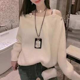 慵懒秋冬新款小众设计感露肩长袖毛衣女上衣均码藏青色卡其色纯色