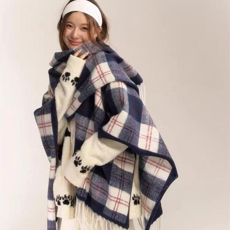 混纺复古格子流苏围巾2025流行新款围巾女披肩两用