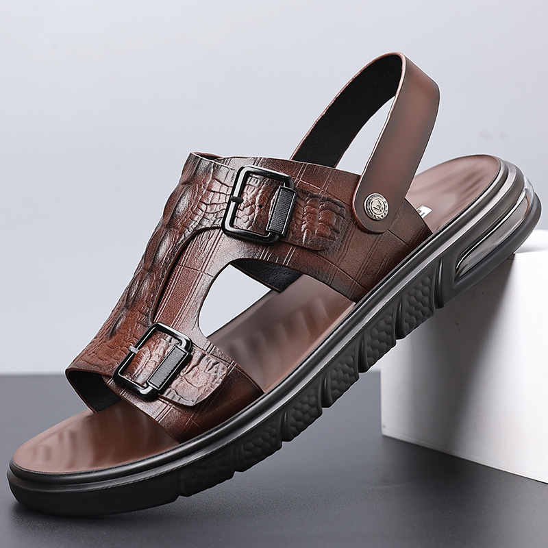 New Men's Summer Sandals, Men's Leather Beach Shoes, Casual Men's Shoes, Crocodile Pattern Thick-Soled Dual-Purpose Breathable Non-Slip Slippers