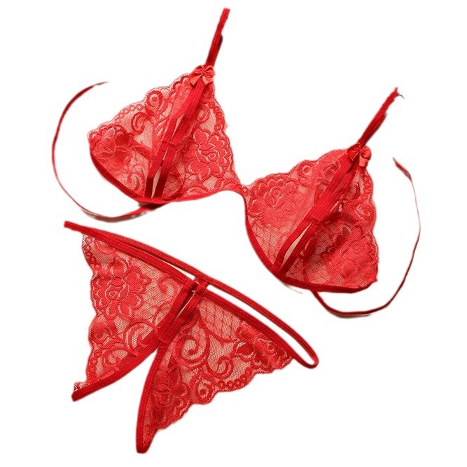Entrepierna abierta de dos piezas de tres puntos gratis ropa interior de encaje sexy bragas mujeres sexy pasión tanga con un botón