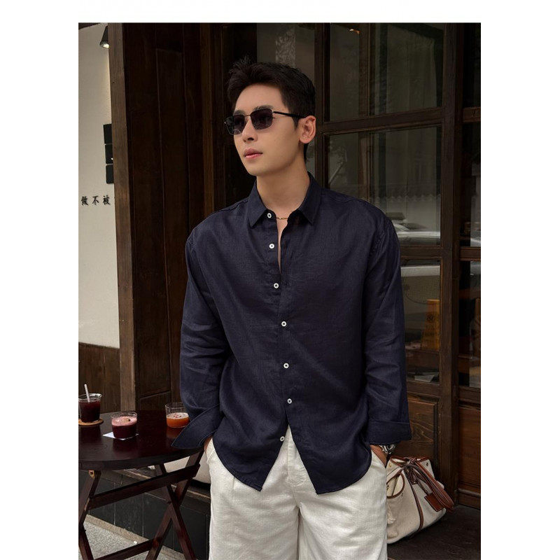 Korean style loose casual linen long-sleeved shirt, thin sun protection jacket, versatile old-fashioned breathable shirt for men, spring and summer.