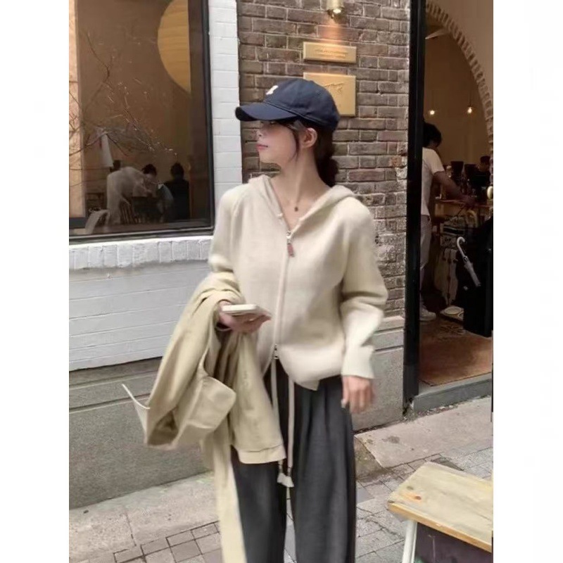 韩系连帽双拉链毛衣女秋冬2025新款坑条慵懒感针织开衫卫衣外套|undefined