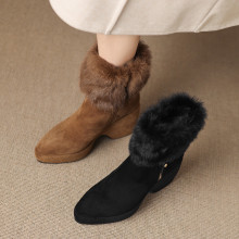 真兔毛时装靴女2025秋冬新款短靴加绒时尚尖头绒面坡跟小香风裸靴