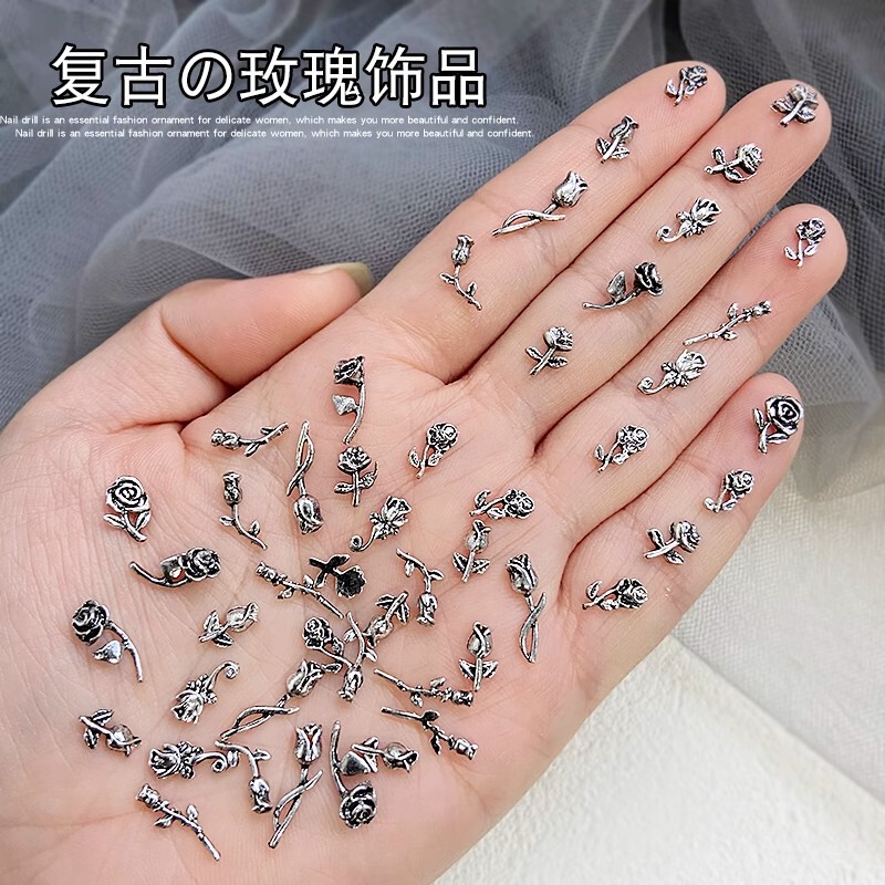 50 Nail Art Vintage Roses Mixed small size Flowers New Internet Celebrant Explosions Three-dimensional Metal Nail Decorations
