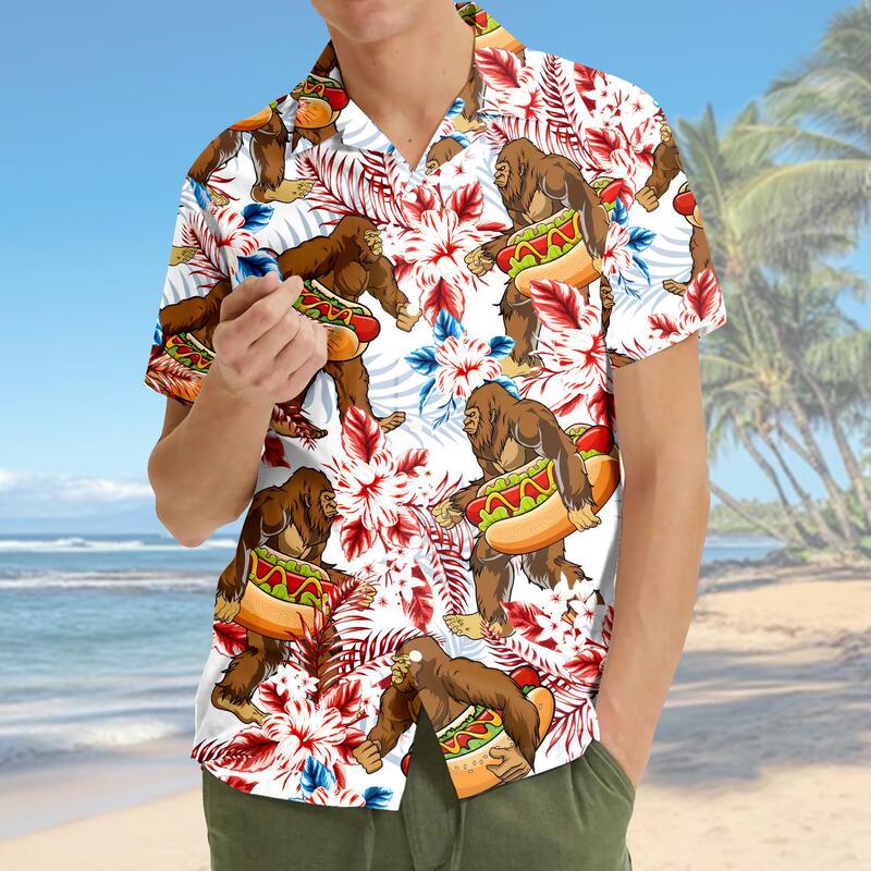 White with red tones tropical floral gorilla hot dog fun print Cuban collar short-sleeve shirt for men summer beach