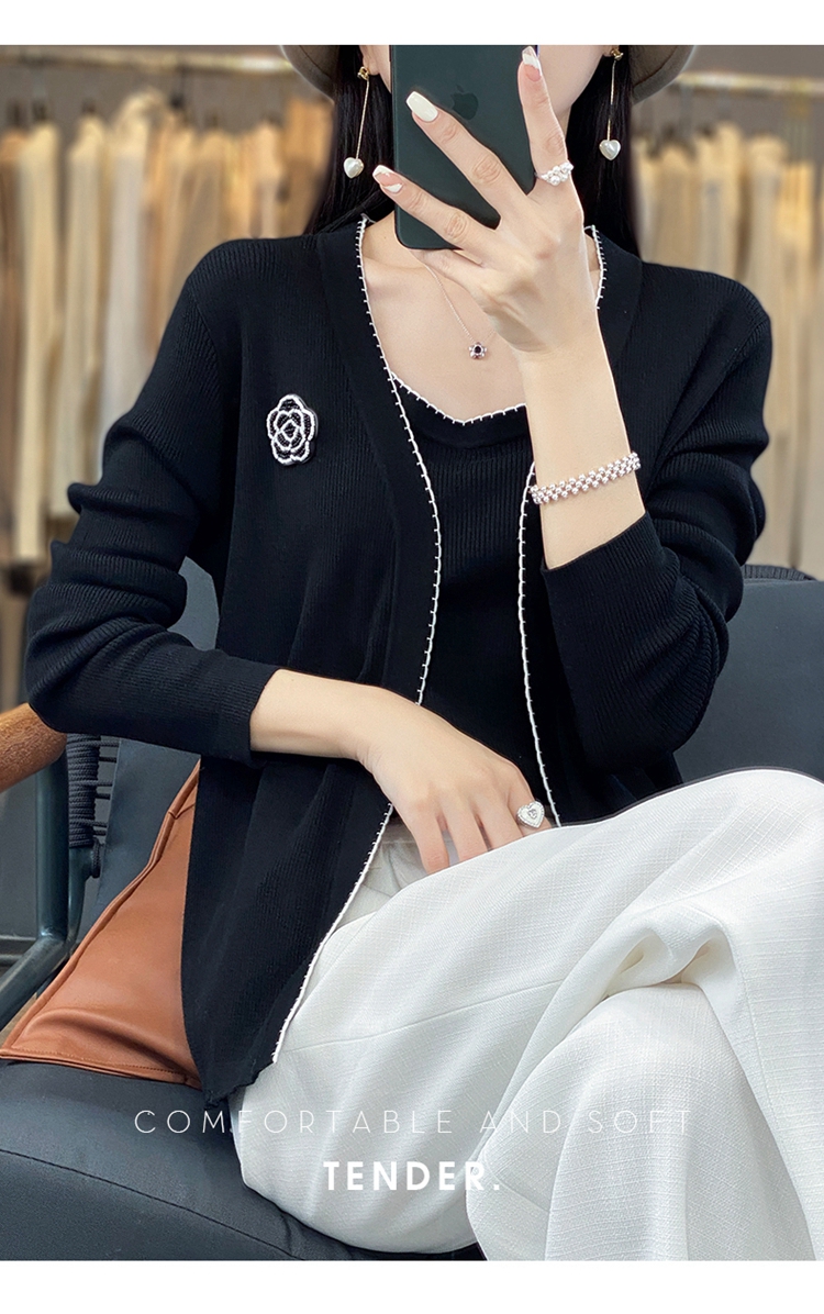 Damenbekleidung, neuer Herbst, V-Ausschnitt, Woll-Cardigan, lockere, modische Colorblock-Jacke mit Hosenträgern, zweiteiliges Set_voghion.com