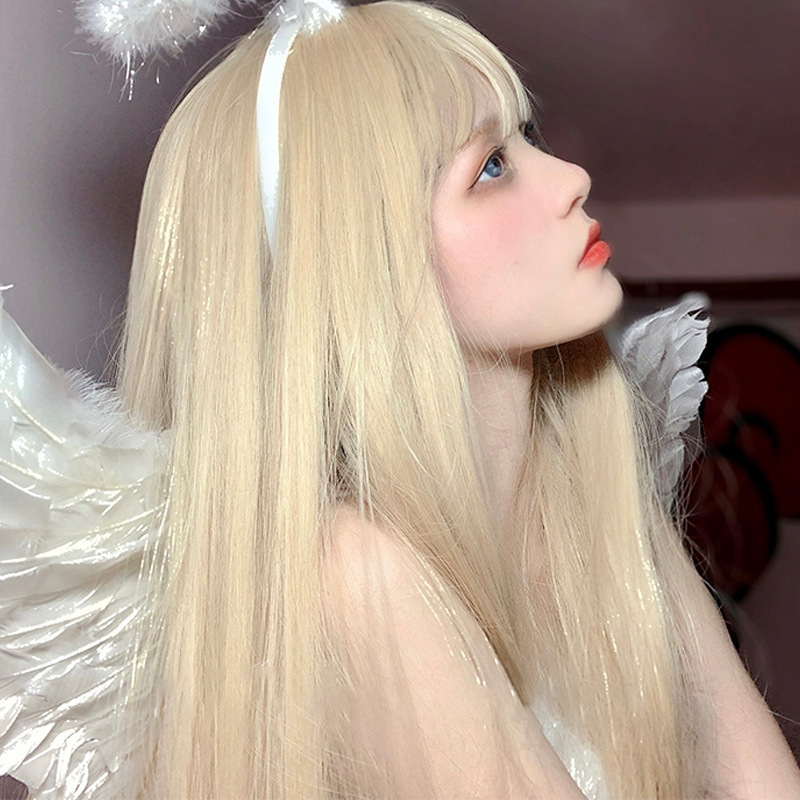 Japón y Corea del Sur explotaron el aire dorado claro cabello largo recto y peluca de frange natural realista fibra química cubierta de cabeza completa