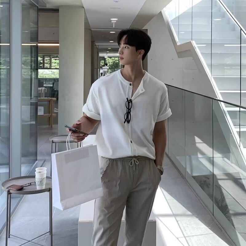 Summer Men's Knitted Short-Sleeved Polo Shirt Korean Style Slim Fit Pure Color Casual Lapel Half-Sleeved T-Shirt Bottoming Shirt