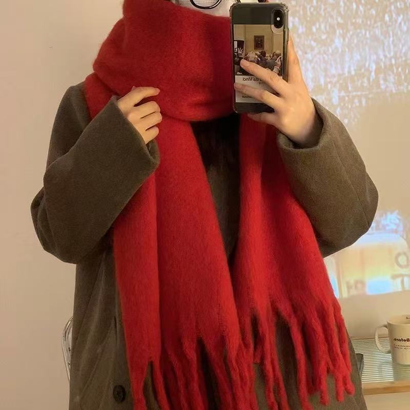 Bufanda Chal Unisex de Mohair Unicolor Térmica con Flecos para Invierno