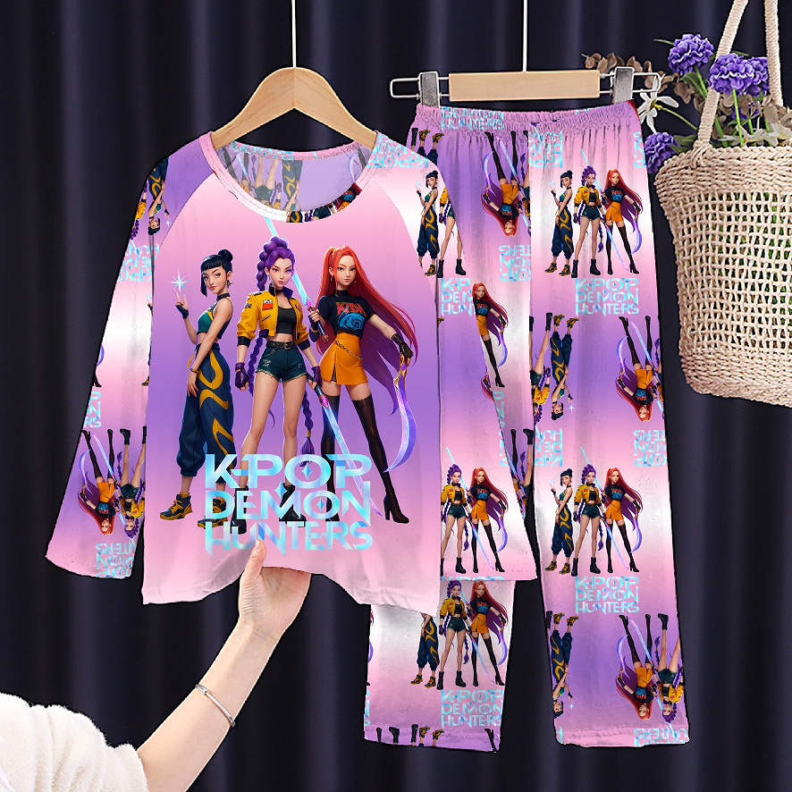 Southeast Asia children's pajamas, middle-aged children's long-sleeved trousers suit, demon hunting girls 'group, little girls' cartoon home wear wholesale