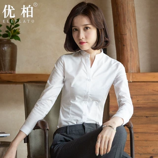 舒范职业衬衫女V领长袖小立领上衣韩版修身工装工作服衬衣