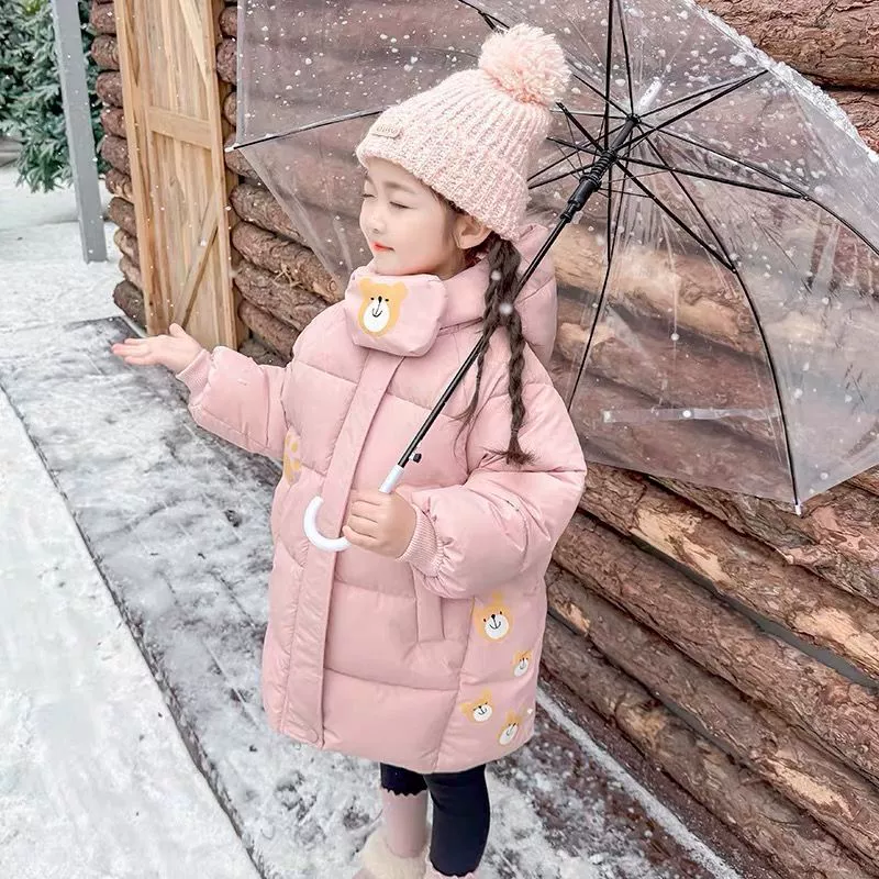 Winter children's long down jacket with down, increased thickness, mid-length, with little bears