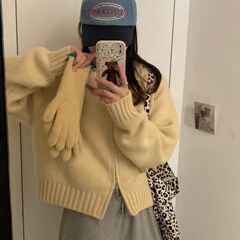 クリーム黄連帽ニットカーディガン女装秋冬新作厚手学院風ファッション減齢ショートセーターコート