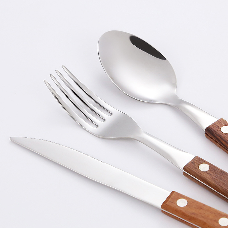 Transfronterizo Amazon 304 flores de madera de pera cubiertos de acero inoxidable mango de madera sólida cuchillo y tenedor cuchara set hotel hogar cuchillo y tenedor