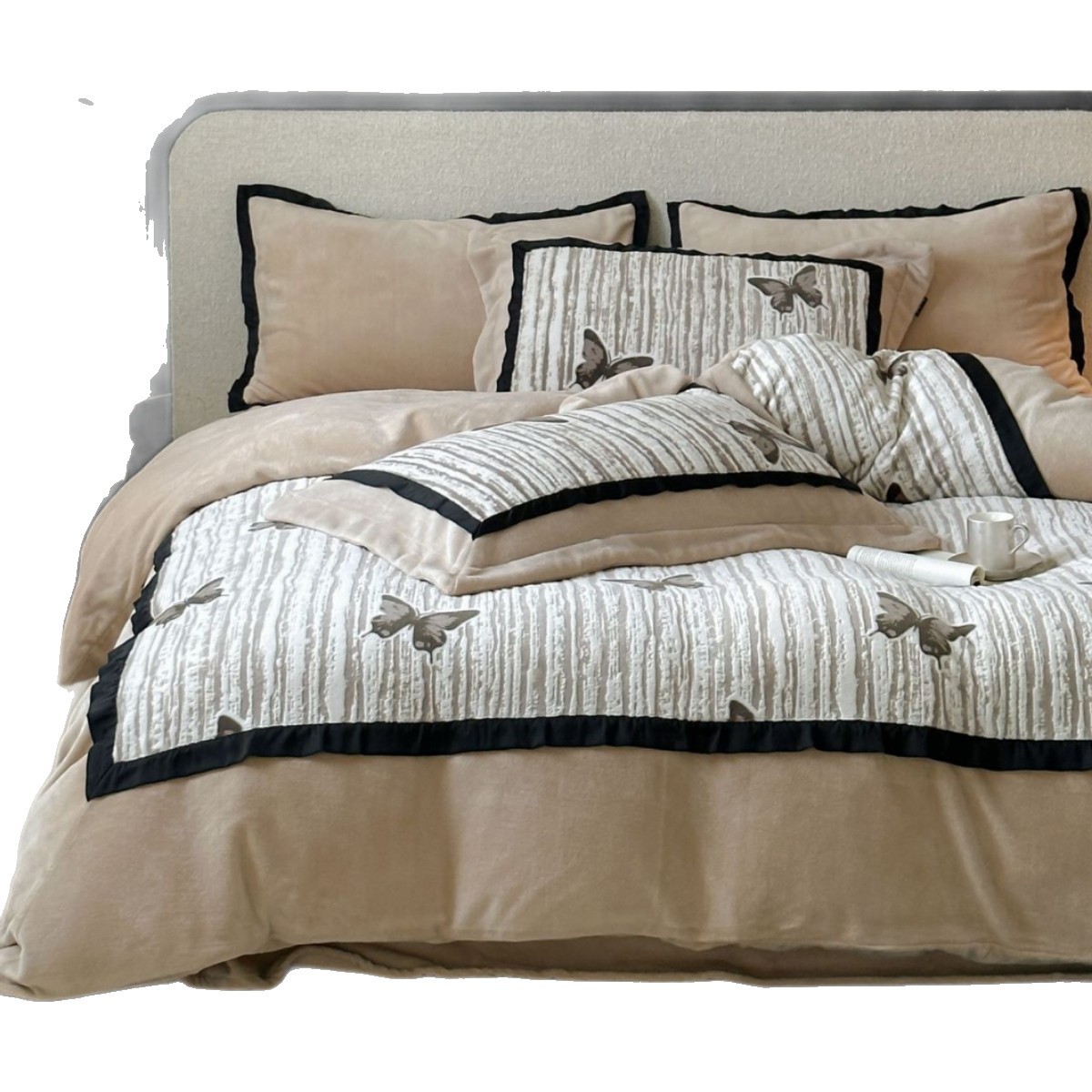 Conjunto de quatro peças estilo nórdico francês vintage boho outono e leite espesso, estilo retrô francês, capa de edredom quente de inverno, lençol de veludo coral, macio_voghion.com