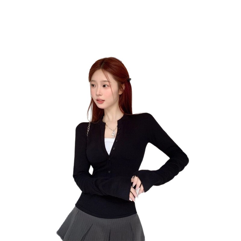 辣妹紧身正肩长袖T恤女2025新款春秋打底衫显瘦内搭纽扣学生上衣|undefined